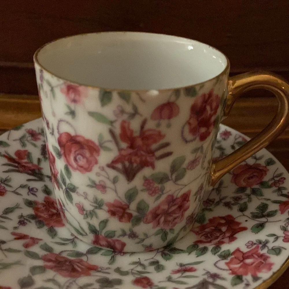Vintage demitasse cup and saucer pink roses gold rim handle made in Japan